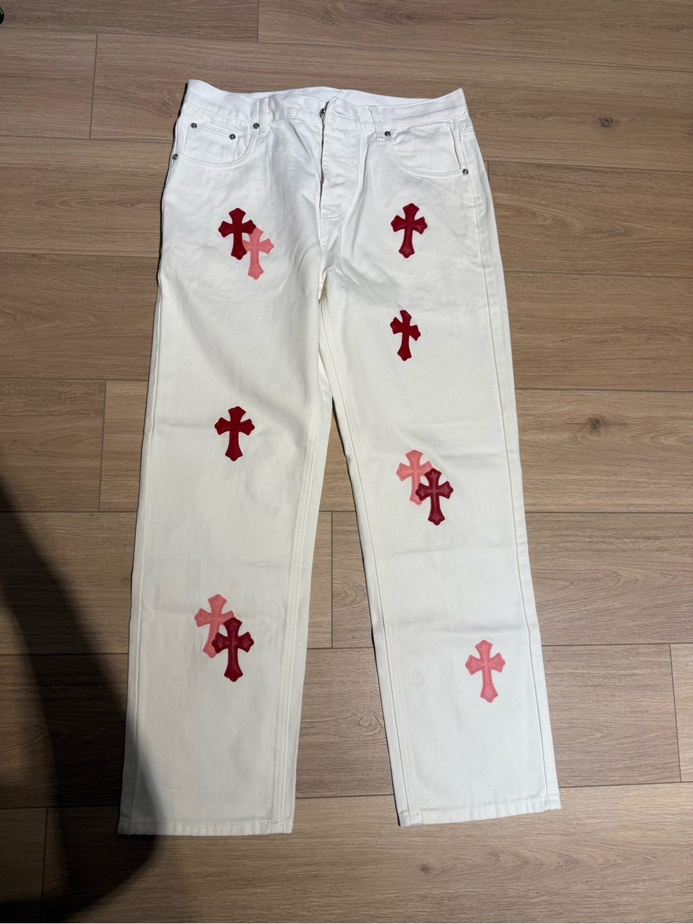 Chrome Hearts White Straight-Leg Jeans with Red & Pink Cross Patches